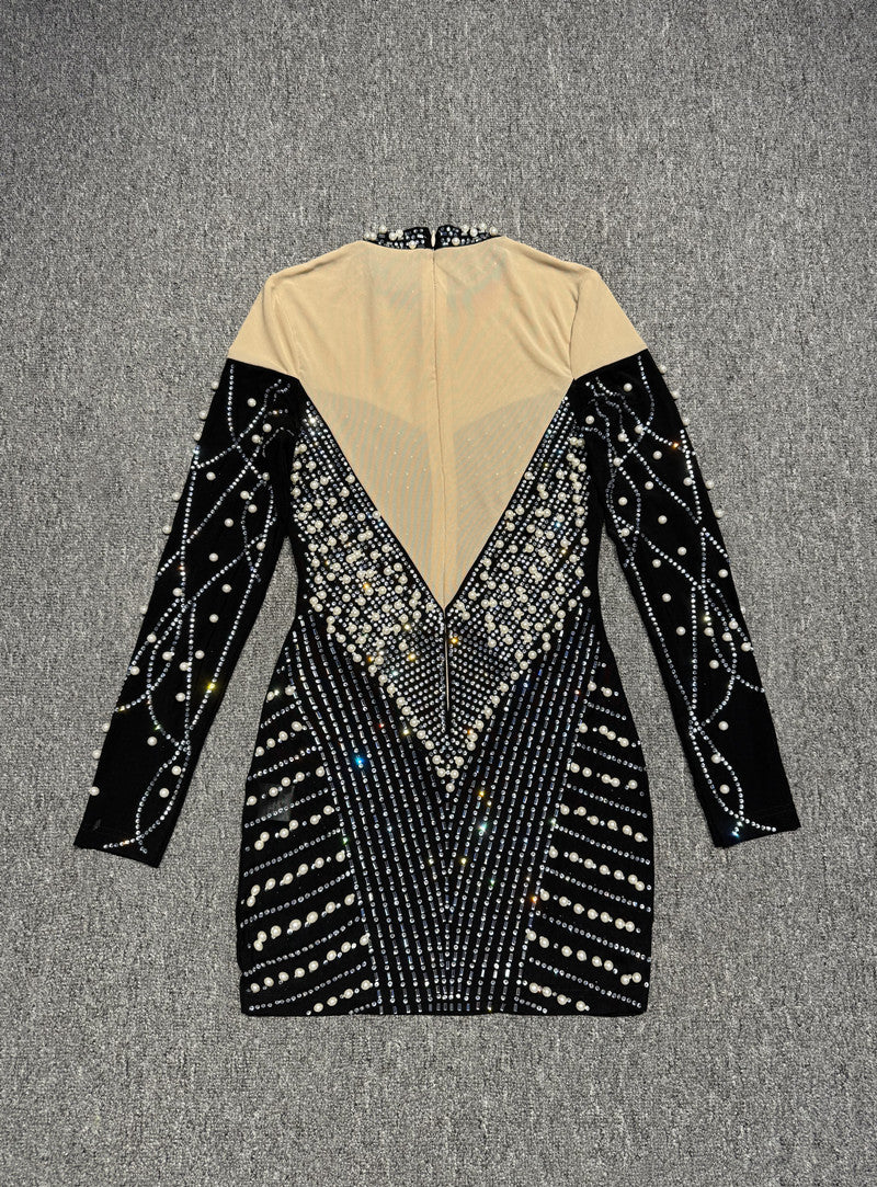 Women See-Through Sexy Beaded Pearl Contrast Long Sleeve Dress 12