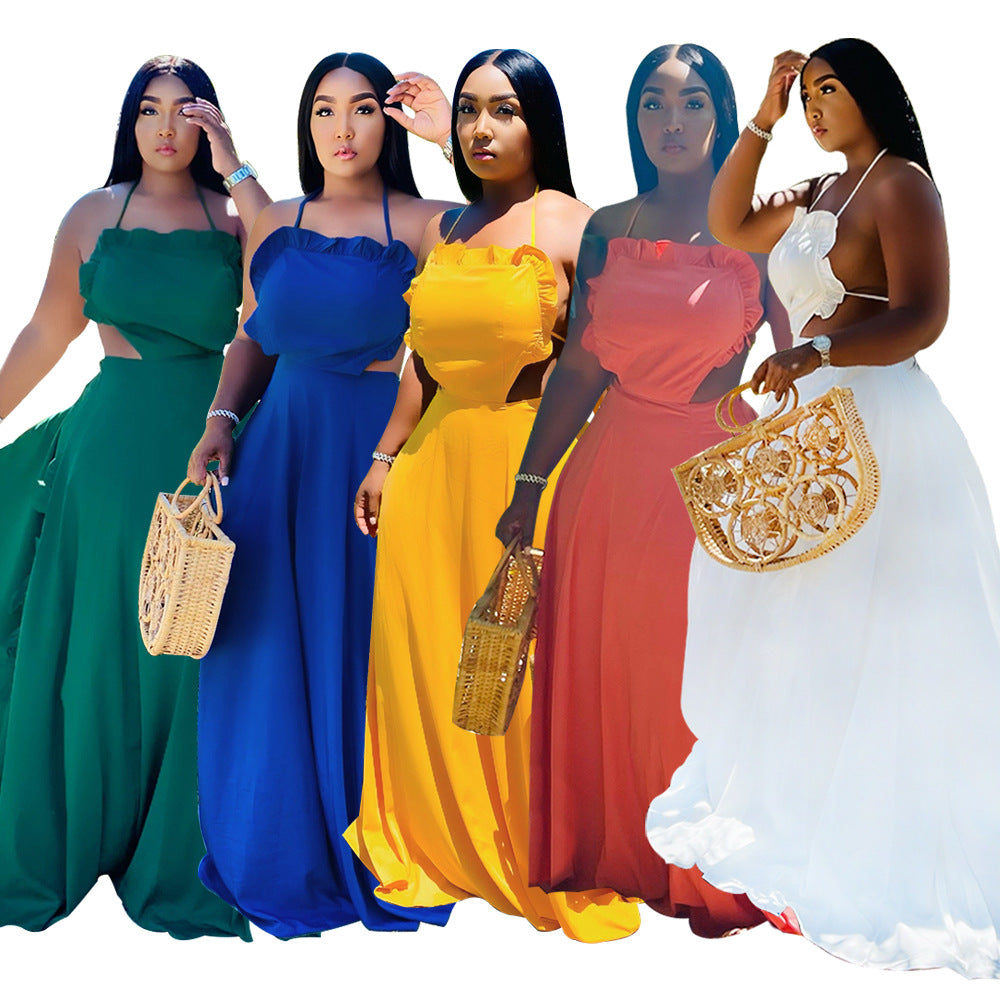 Sleeveless Halter Neck Ruffle Dress Sexy Solid Low Back Maxi Dress