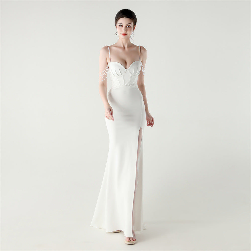 Women lace mesh herringbone Lace-Up beaded Formal Party evening dress 13