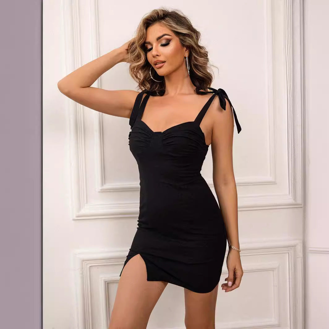 Summer Strap Slit Slim Waist Slim Fit Short Dress Women's Clothing