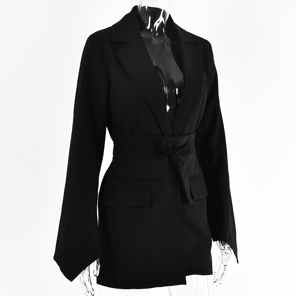 WomenCasual Solid Long Sleeve Lace-Up Belted Blazer 25