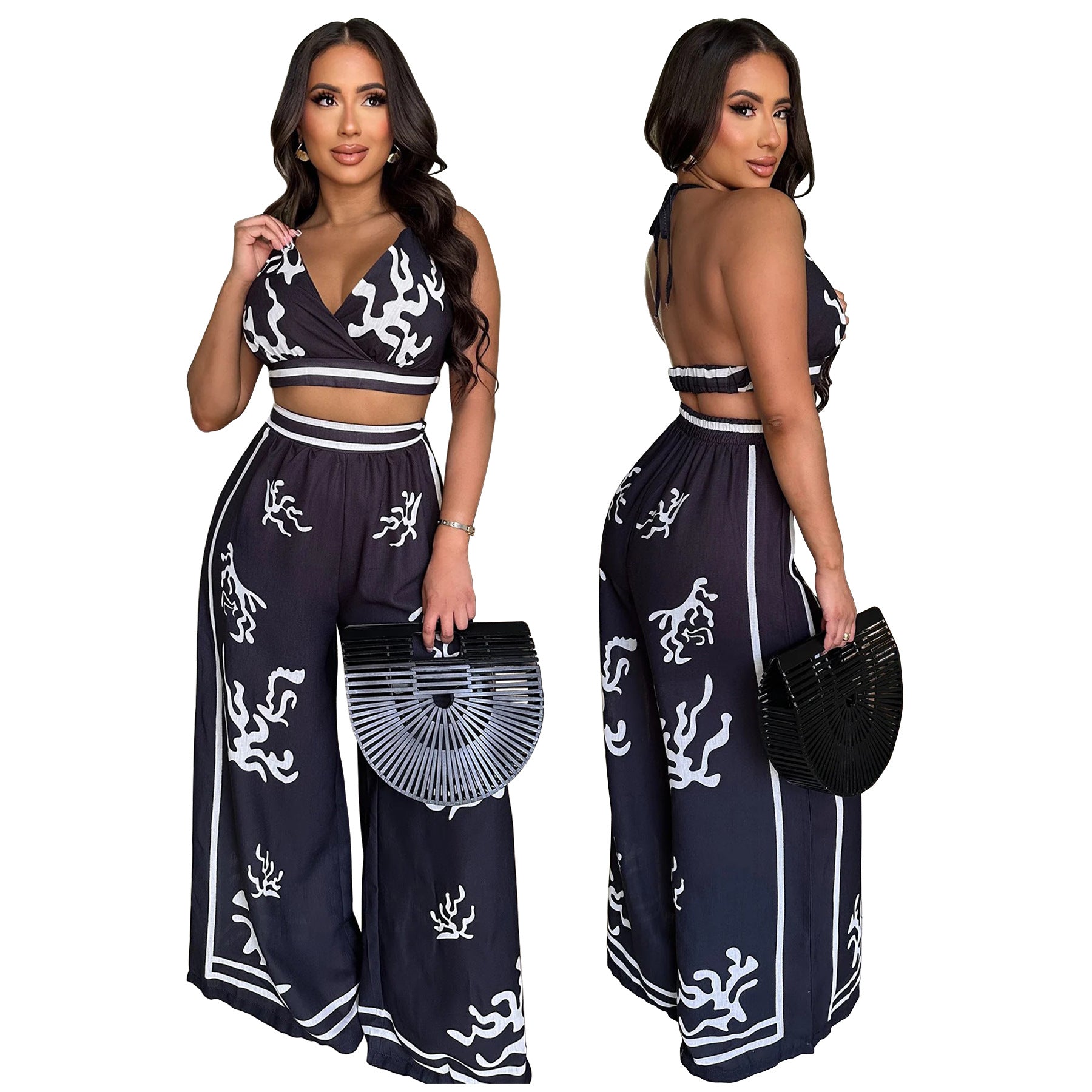 Summer Sexy Print Halter V Neck Vest Wide Leg Pants Two Piece Set