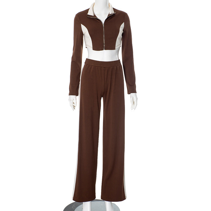Women Fall/Winter Contrast Zipper Long Sleeve Top and Pants Casual Two-Piece Set 6