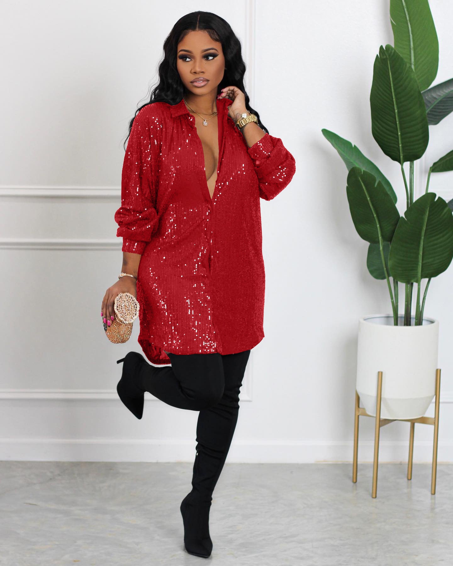 Women Solid Sequin Loose Shirt Dress 4