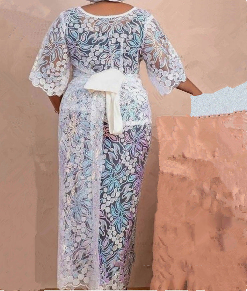 Women's Lace Mesh Embroidery Lace Trim Top & Long Skirt Two-Piece Set 3