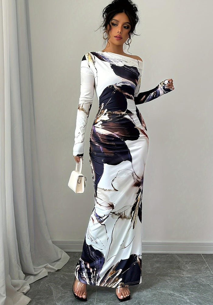 Spring Autumn Slash Shoulder Sexy Long Sleeve Slim Fit Long Dress