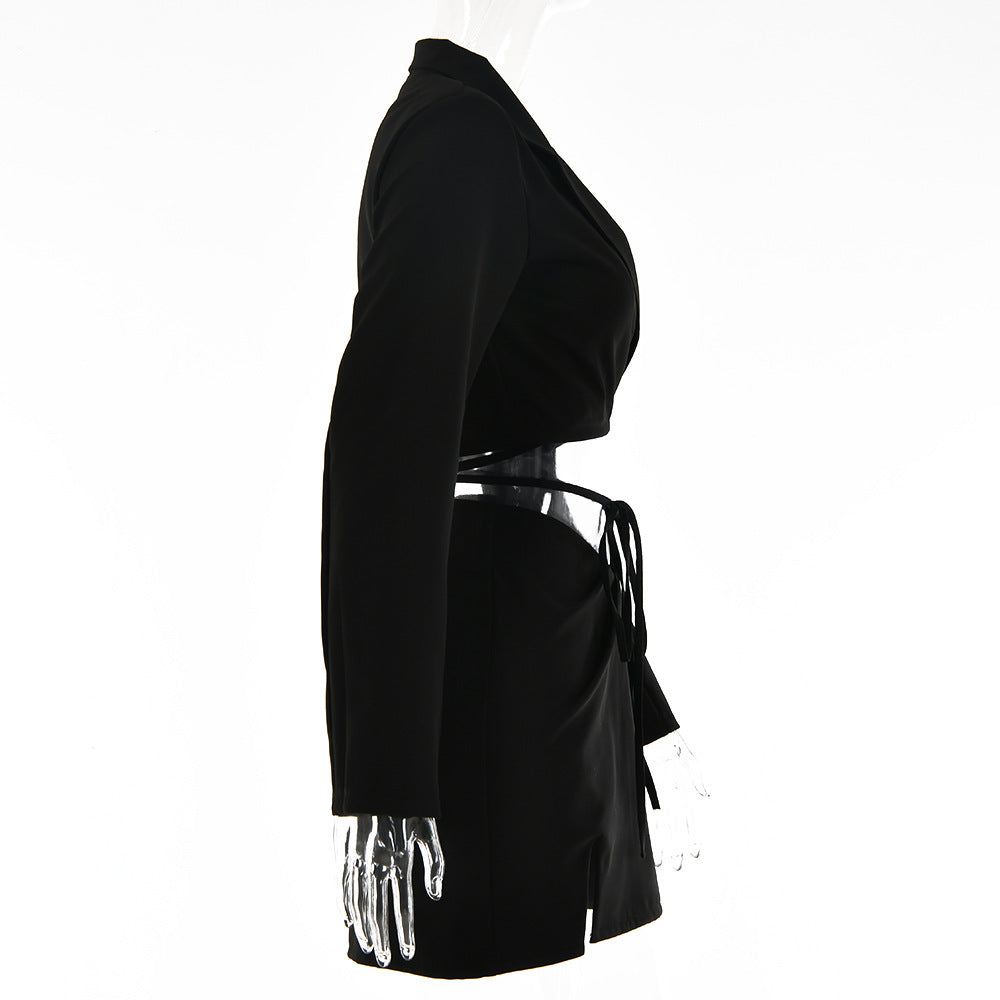 Women Sexy Lace-Up Blazer and Slit High Waist Skirt Two Piece Set 8