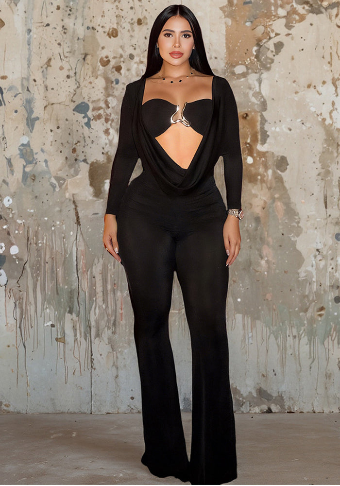 Women's Autumn Sexy Hollowed Out Cowl Neck Slim Fit High Waist Long Sleeve Jumpsuit