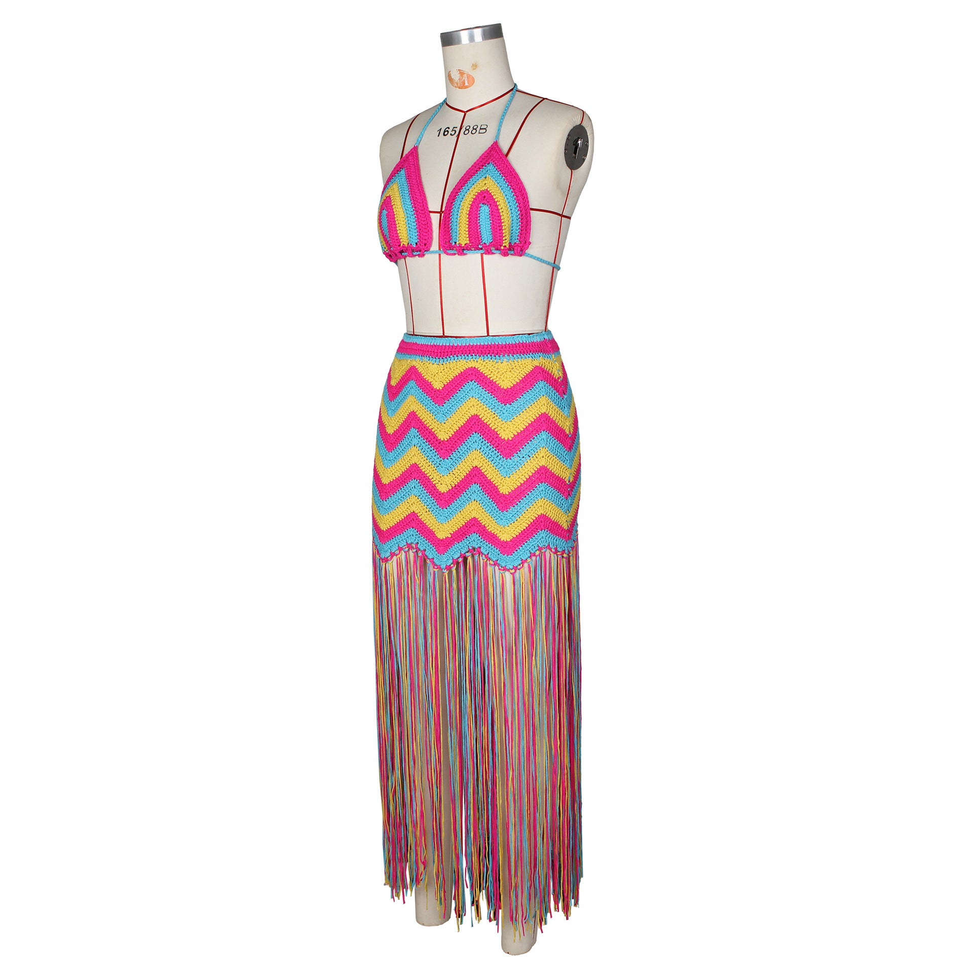 Women sexy crocheted wave pattern fringed beach cover-up dress two-piece set 9