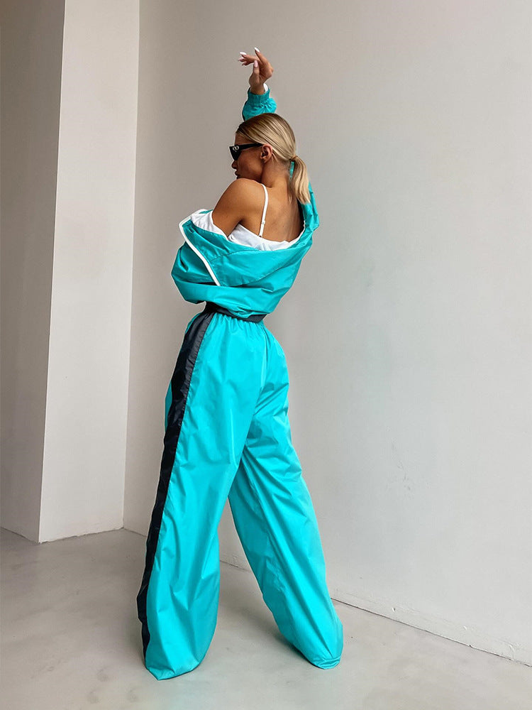 Women's Casual Fashion Loose Color Matching Long Sleeve Zipper Contrast Top and Trousers Sports Two Piece Set 7