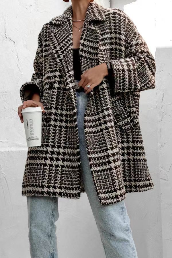 Autumn Winter Houndstooth Woolen Coat 4