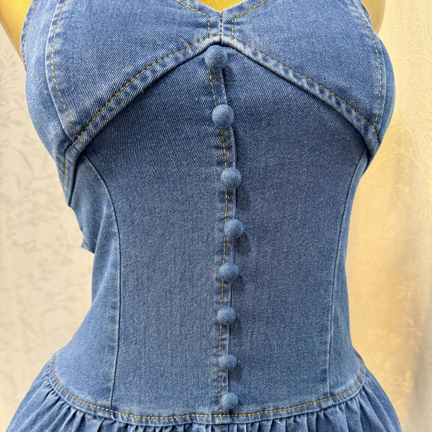 Women's Summer Sexy Fashion V neck Strap Low Back Lace Up Denim Long Dress 9