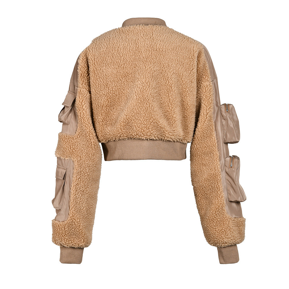 Fashionable Winter Lamb Wool Patchwork Multi-Pocket Short Zipper Jacket 9