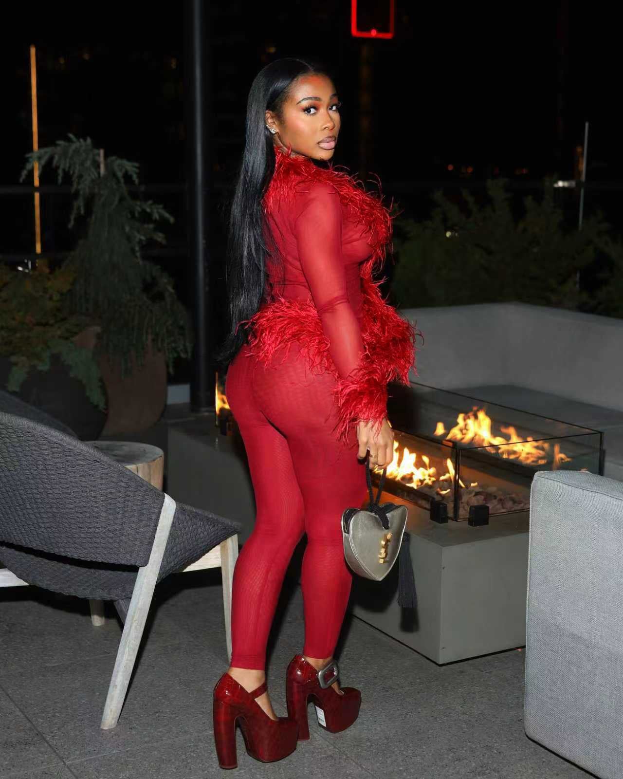 Women Sexy Mesh Feather Tassel Top and Pants Two-Piece Set 4