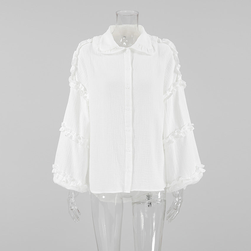 Women Spring and Summer Casual Turndown Clar Lantern Sleeve Career Shirt 8