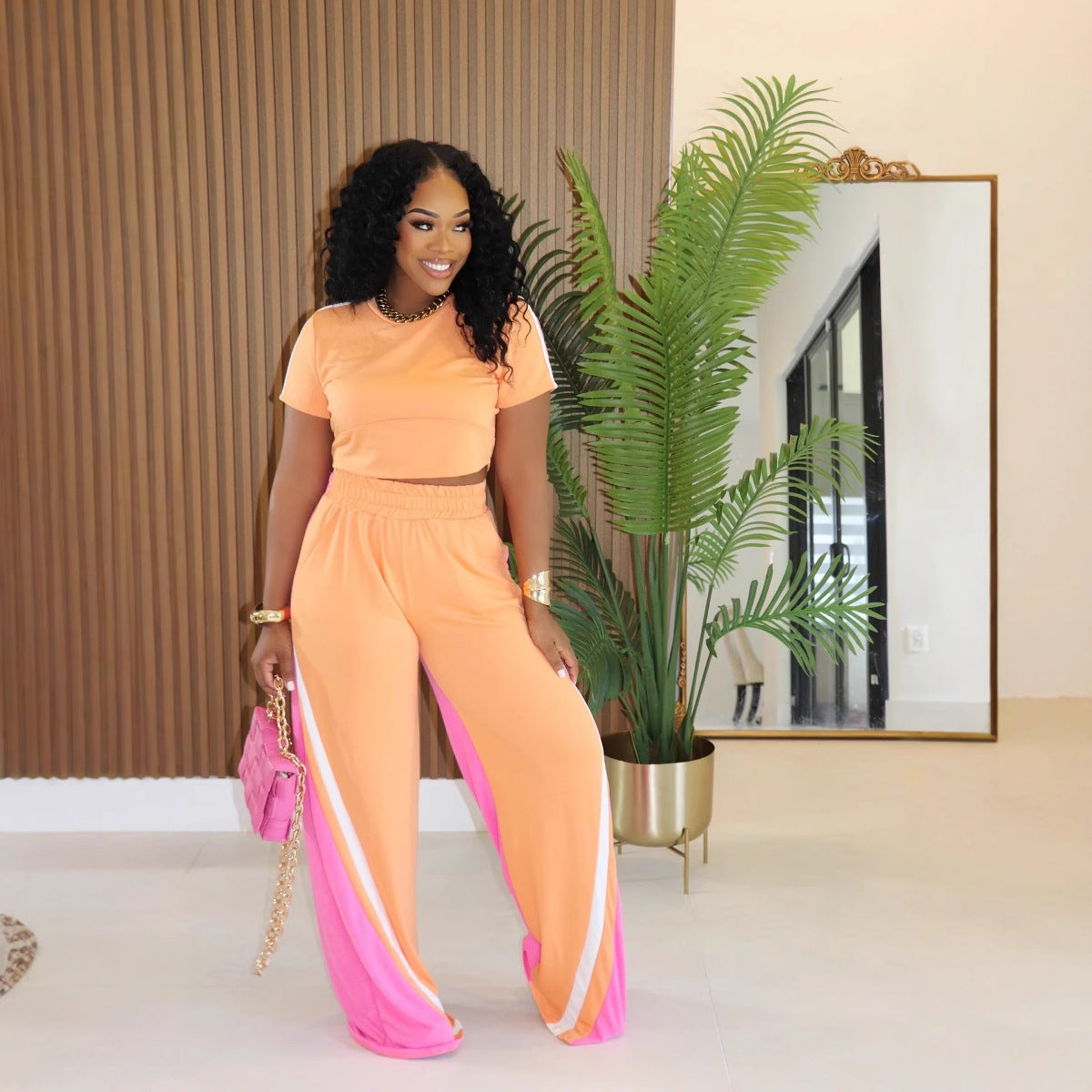 Women Casual Top and Colorblock Pant Two-Piece Set 4