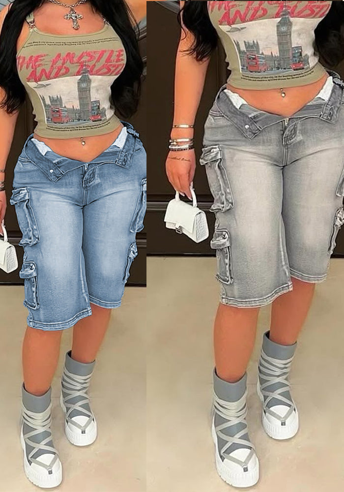 Women Summer Loose Casual Large Pocket Washed Shorts