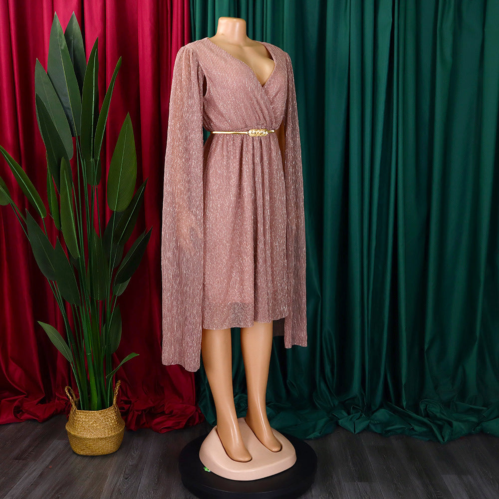 Belted V-Neck Chic Long Sleeve Cape Slim Waist Gown Dress 32