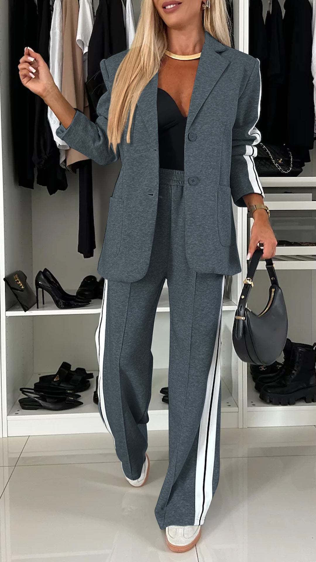 Autumn winter women's long-sleeved Turndown Collar Casual blazer pants two piece set 6