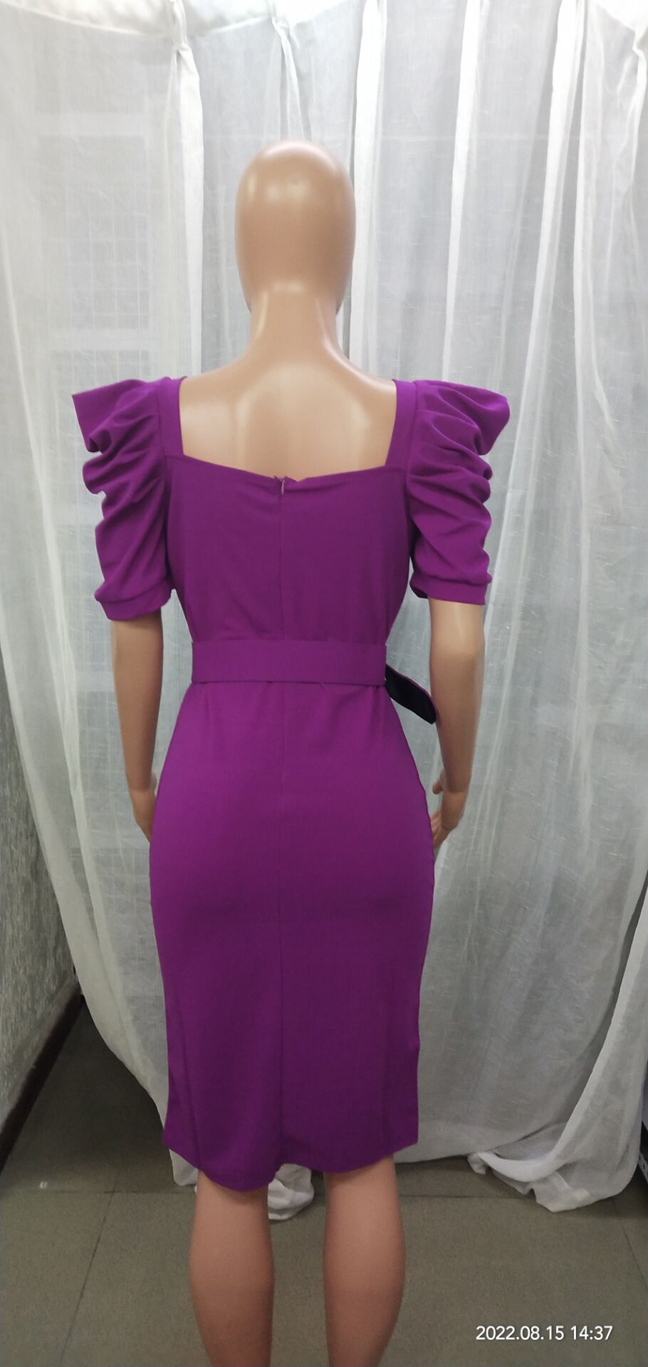 Women Sexy Bubble Sleeves Square Collar With Belt Bodycon Dress 7