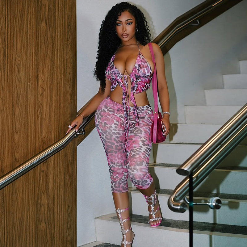 Women's Sexy Leopard Print Lace-up Low-Back Top & Tight Fitted Pants Set