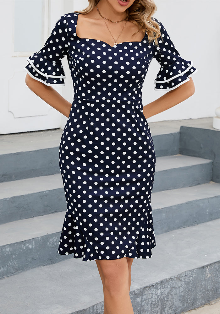 Fashion Elegant Career Ruffle Sleeve Polka Dot Fishtail Dress