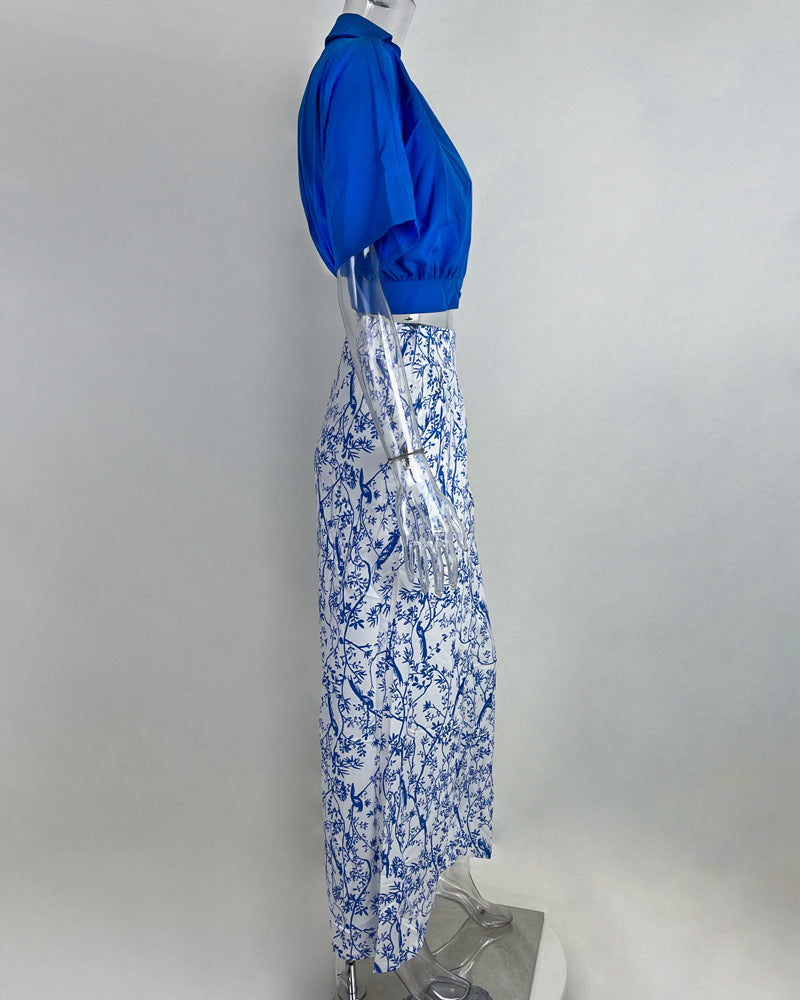 Women Clothes V-Neck Cropped Shirt Top Print Career Wide Leg Pants Two Piece Set 11