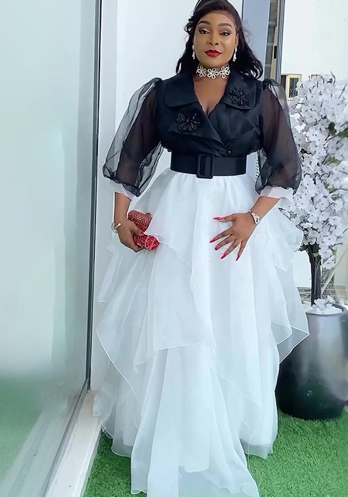 African Plus Size Women's Elegant Color Block Long Dress