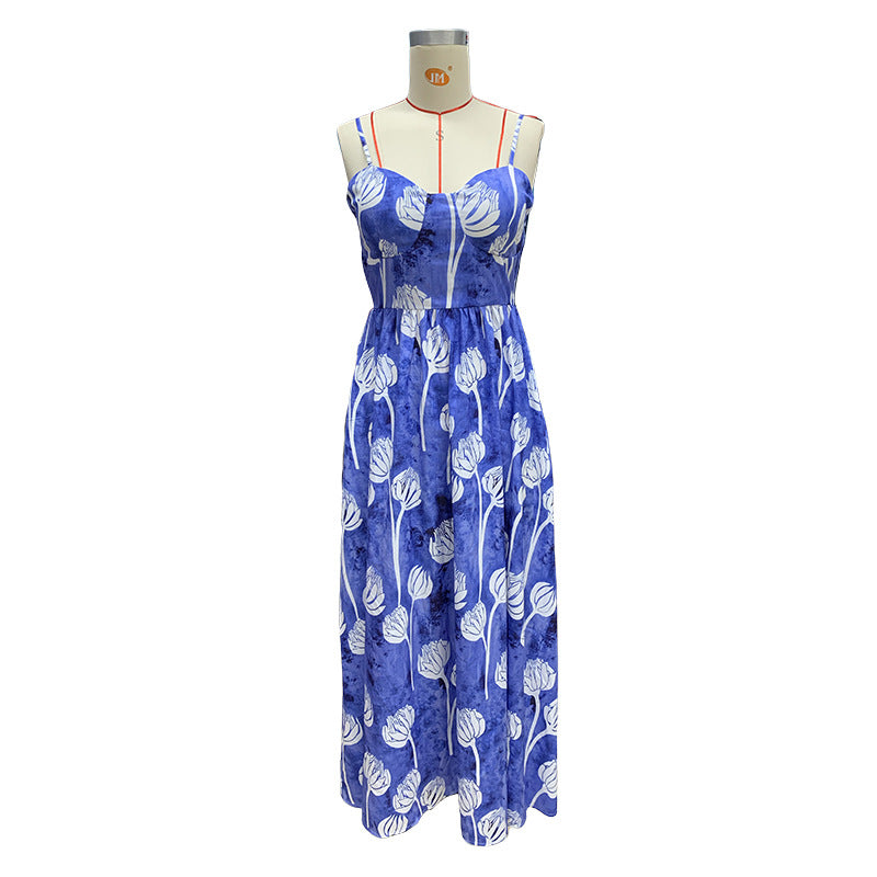 Spring Summer Women's Fashion Sexy Printed Slim Waist Strap Maxi Dress 5