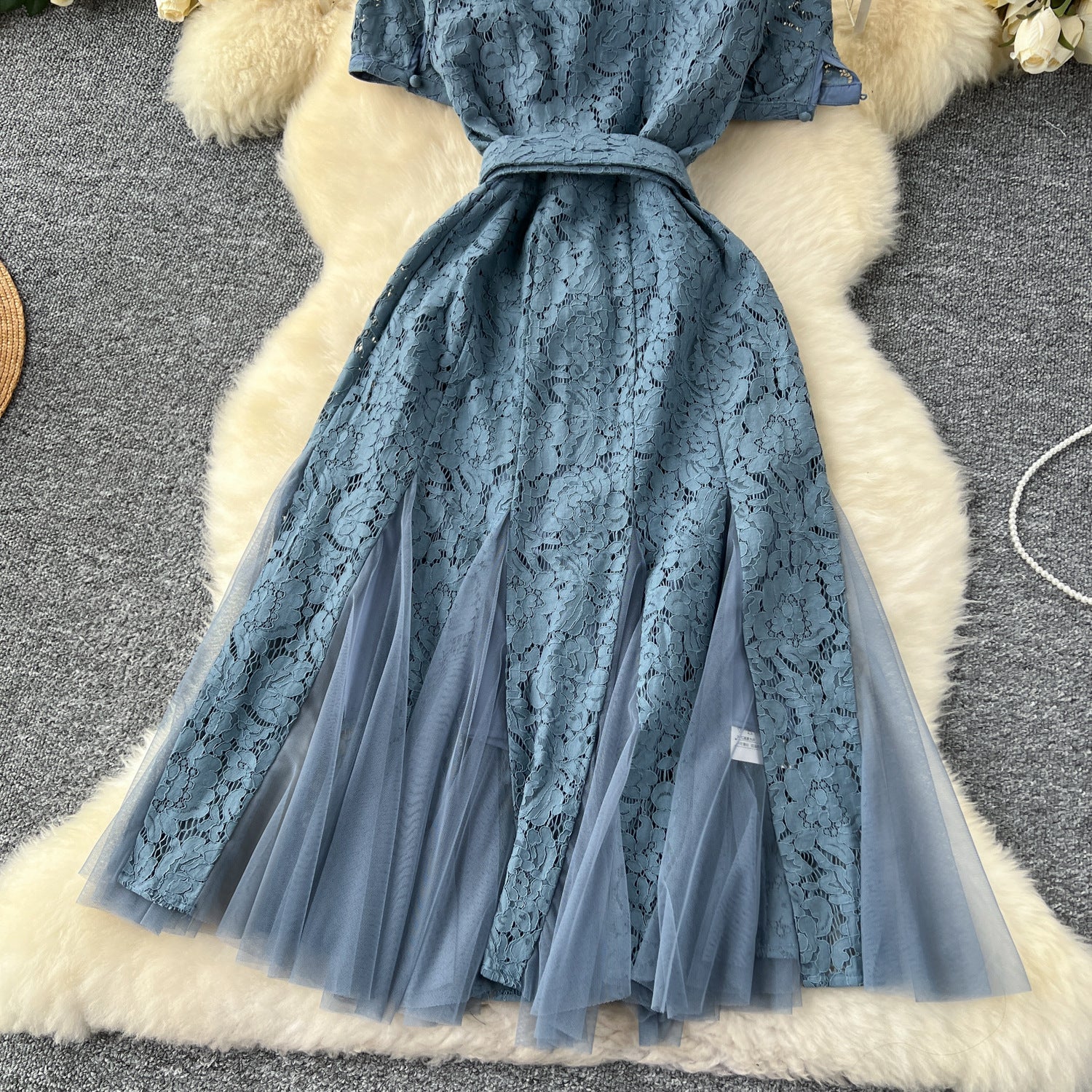 Women French V-Neck Metal Buttoned Mesh Patchwork Lace Ruffle Dress 8