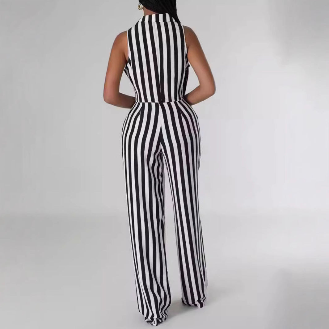 Women casual black and white striped sleeveless top and wide-leg pants two-piece set