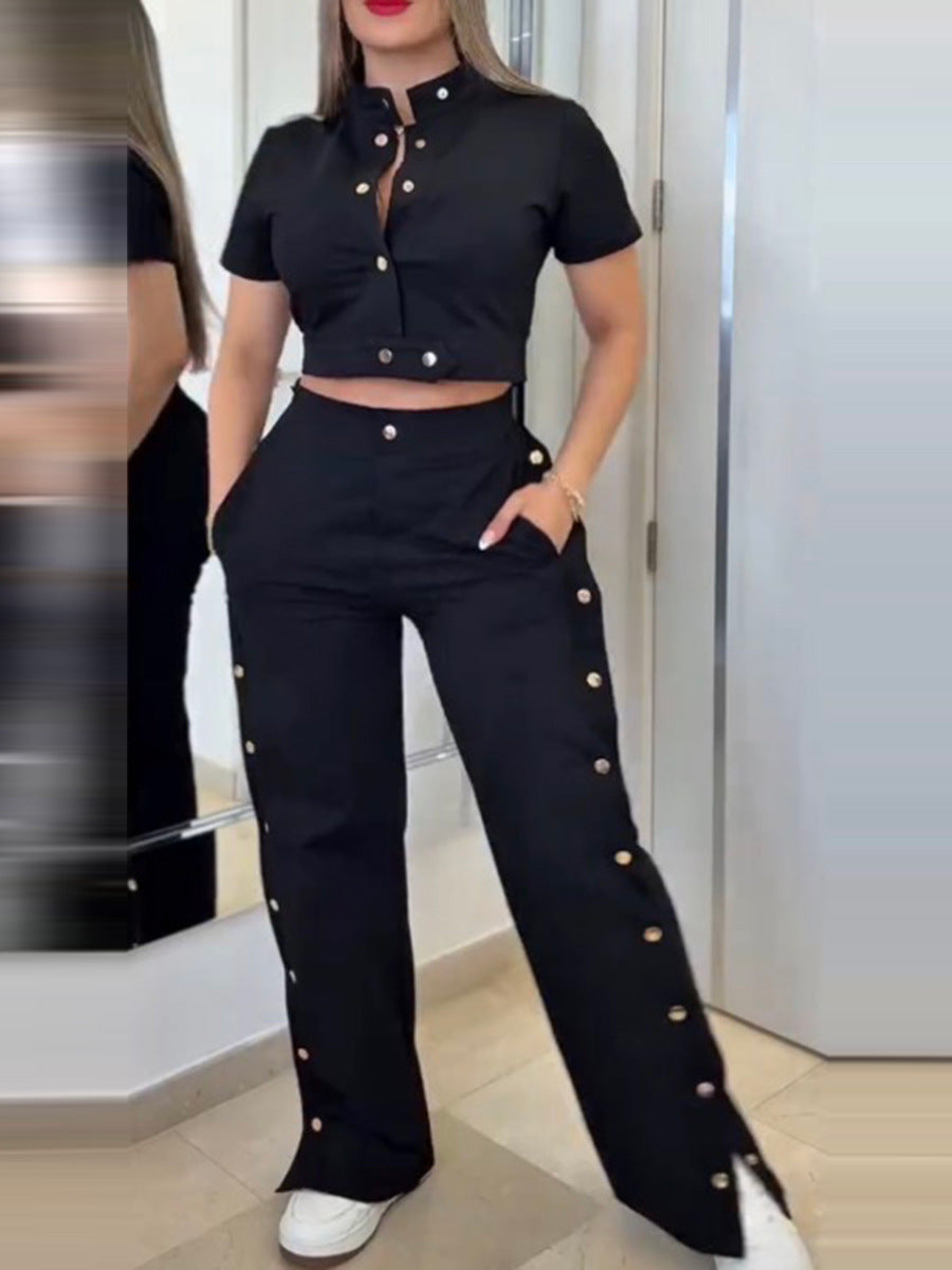 Summer Women's Fashion Short Sleeve Two-Piece Pants Set 3