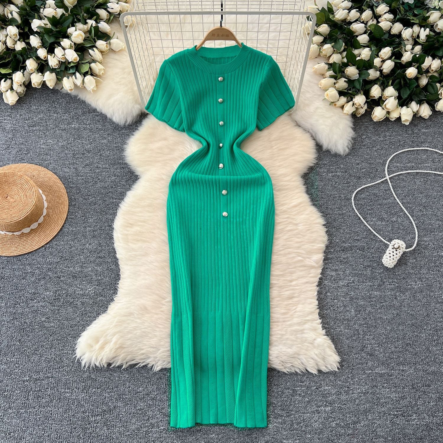 Chic Knitting Round Neck Single-Breasted Short-Sleeved Slim Midi Dress