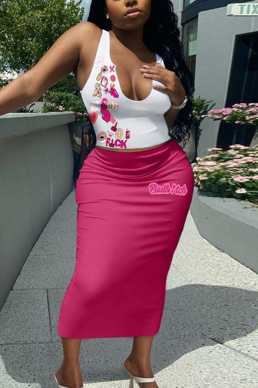 Summer Letter Print Vest Long Skirt Two Piece Set 4