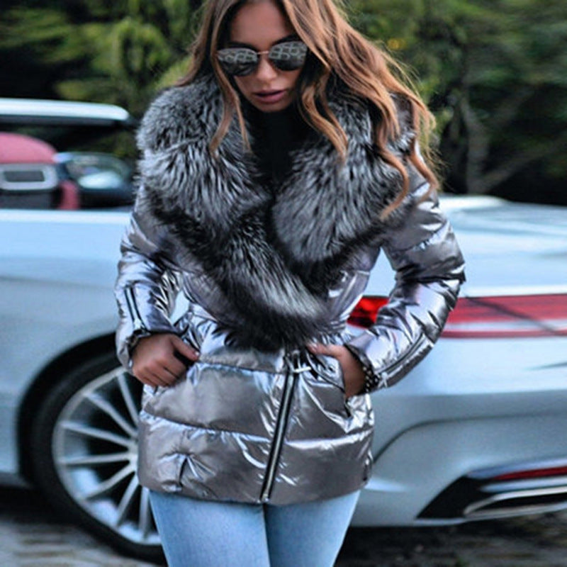 Plus Size Women's Down  Jacket Shiny Fur Collar Short Long Sleeve Down Jacket 3
