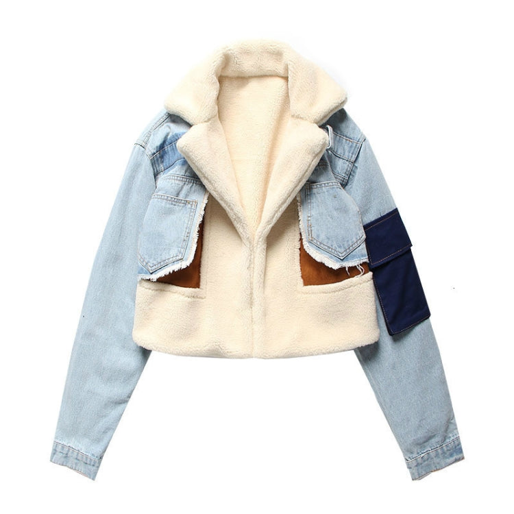 Winter Casual Blue Turndown Collar Fleece Patch Denim Jacket 6