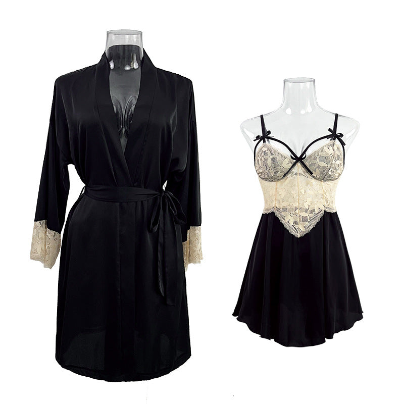 Deep V neck Lace Bow Satin Night Dress Robe Two Piece Sleepwear Set 14