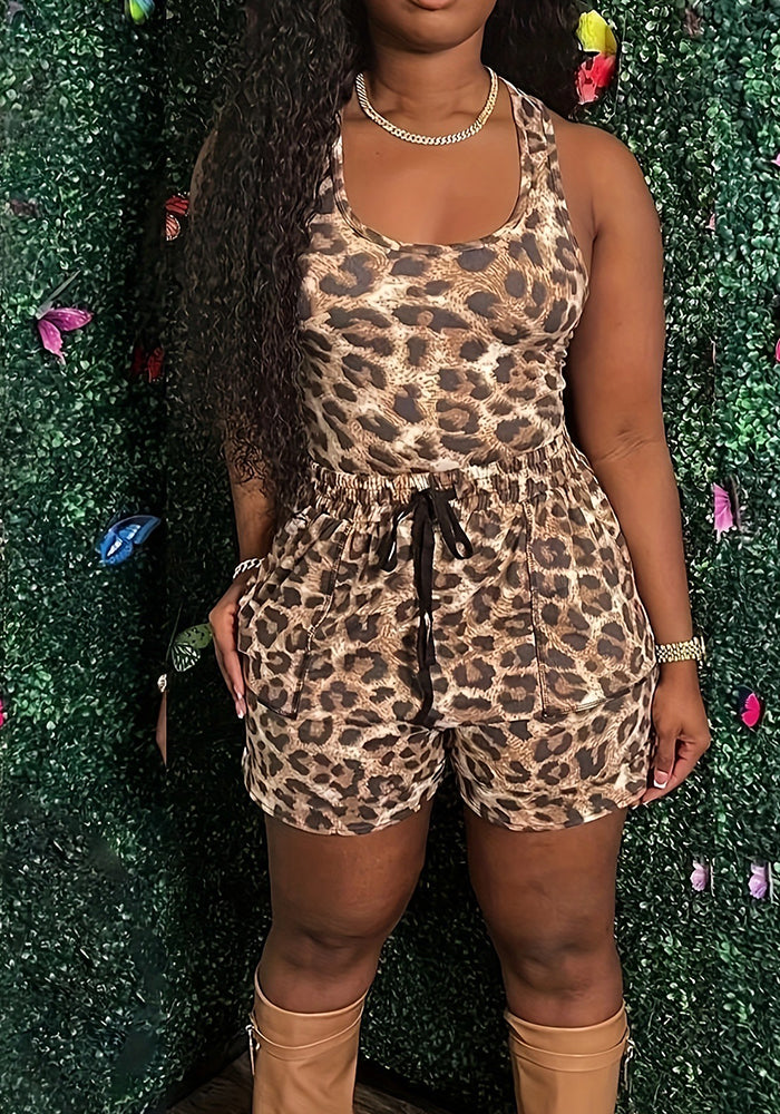 Women Leopard Print Suspender Top and Lace-up pocket shorts two-piece set