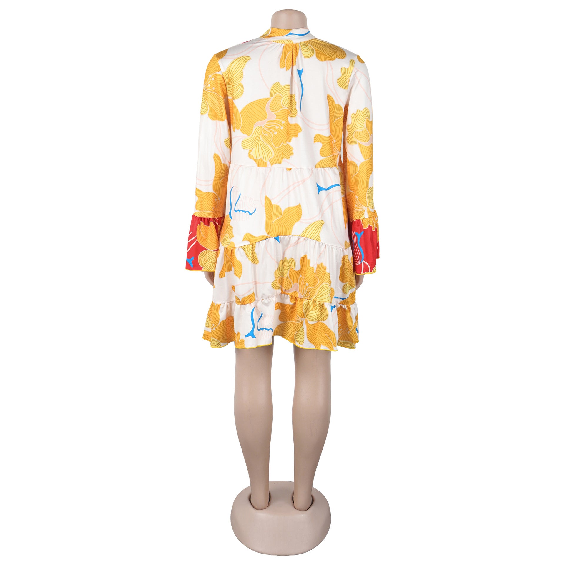 Women Elegant Floral Print V-Neck Patchwork Contrast Color Mini Dress 14