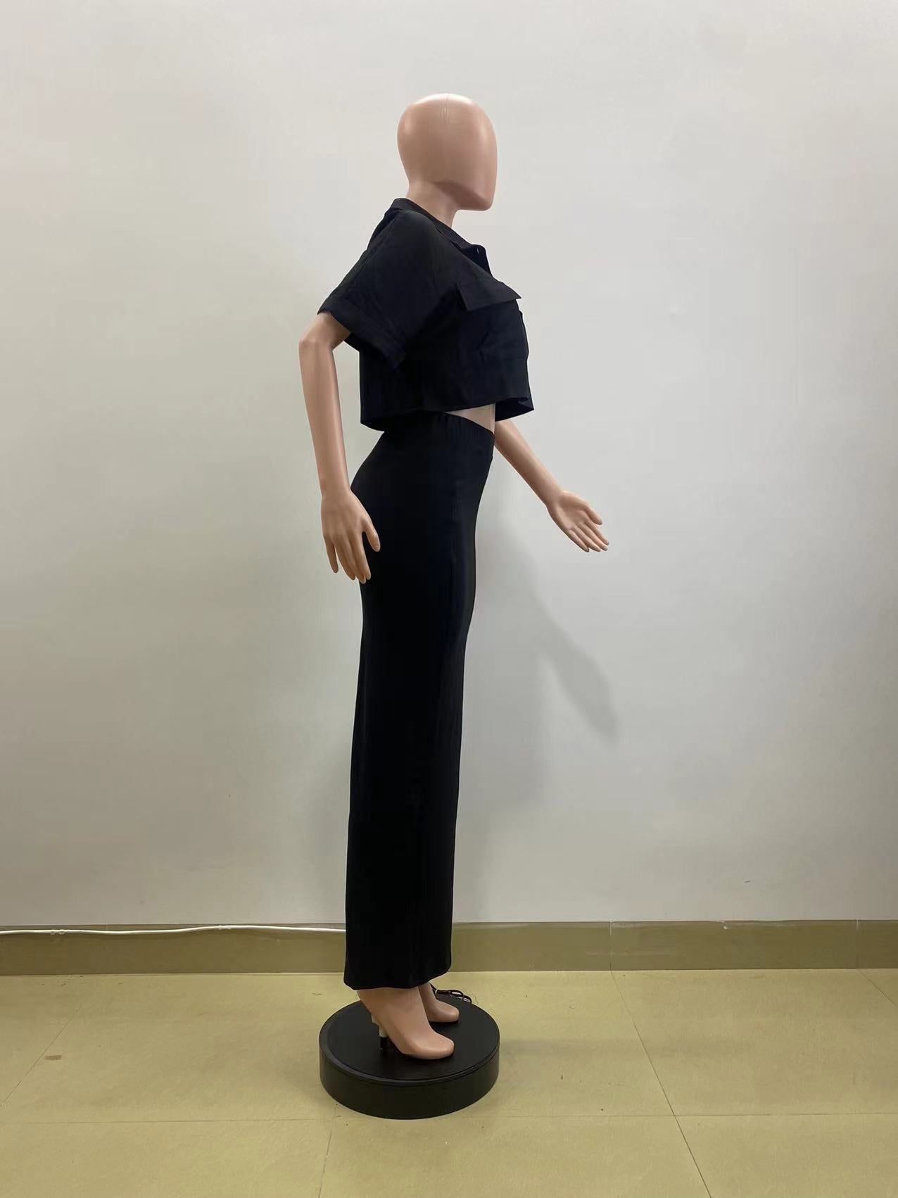 Spring Fashion Casual Black Short Sleeve Crop  Shirt Slim Fit Skirt Two Piece Set 10