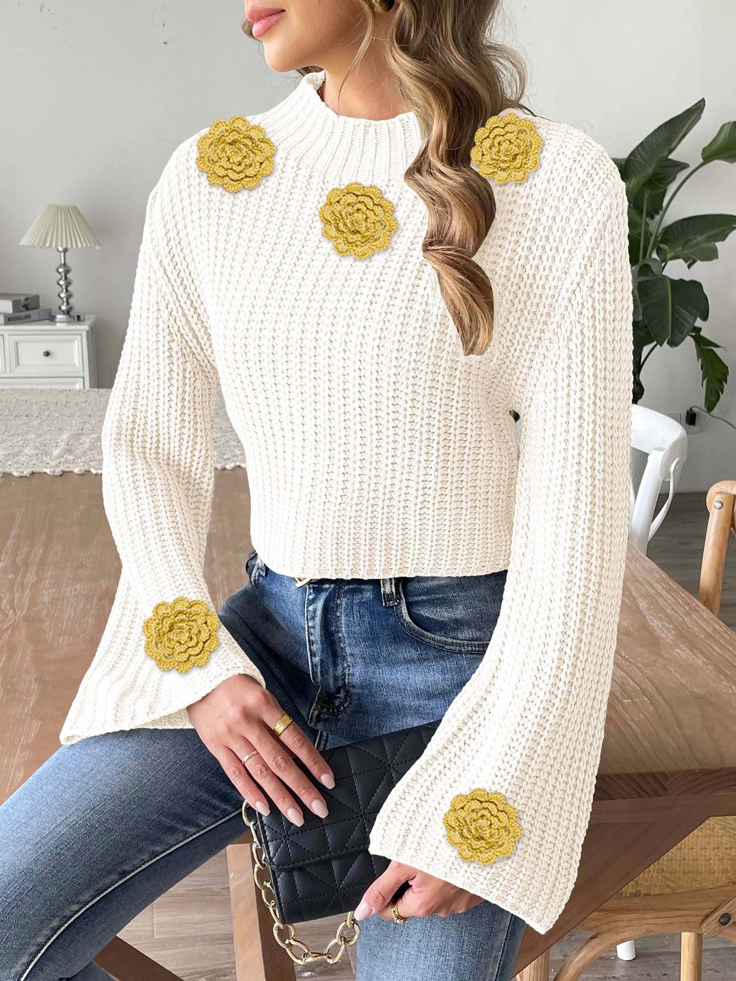 Women's Short Crop Knit Sweater Autumn Winter Crochet Patchwork Bell Sleeve Mock Neck Pullover Top 5