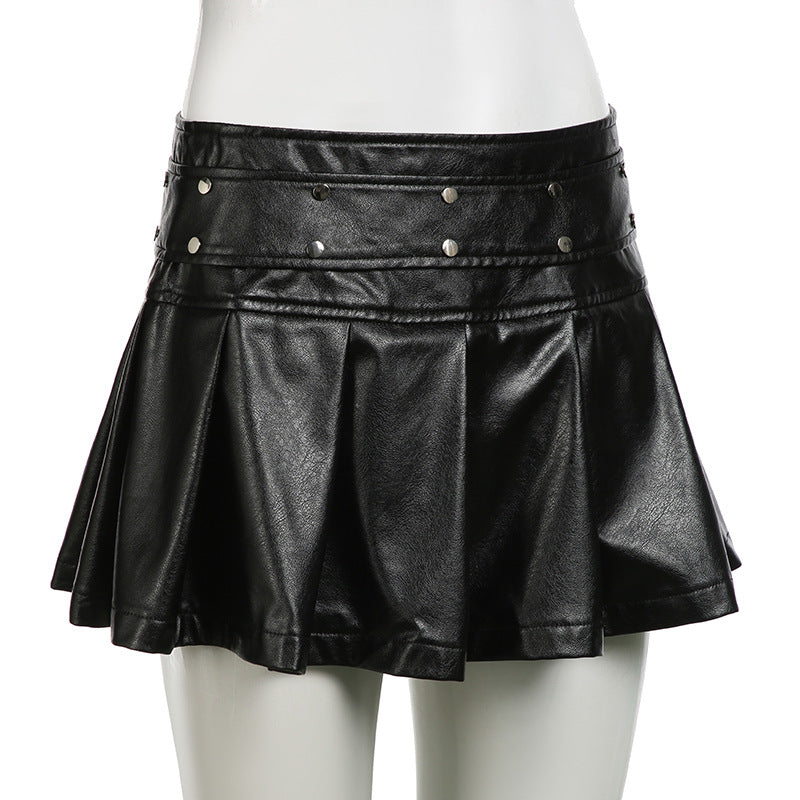 sexy zipper Slim Waist rivet pleated leather miniskirt 7