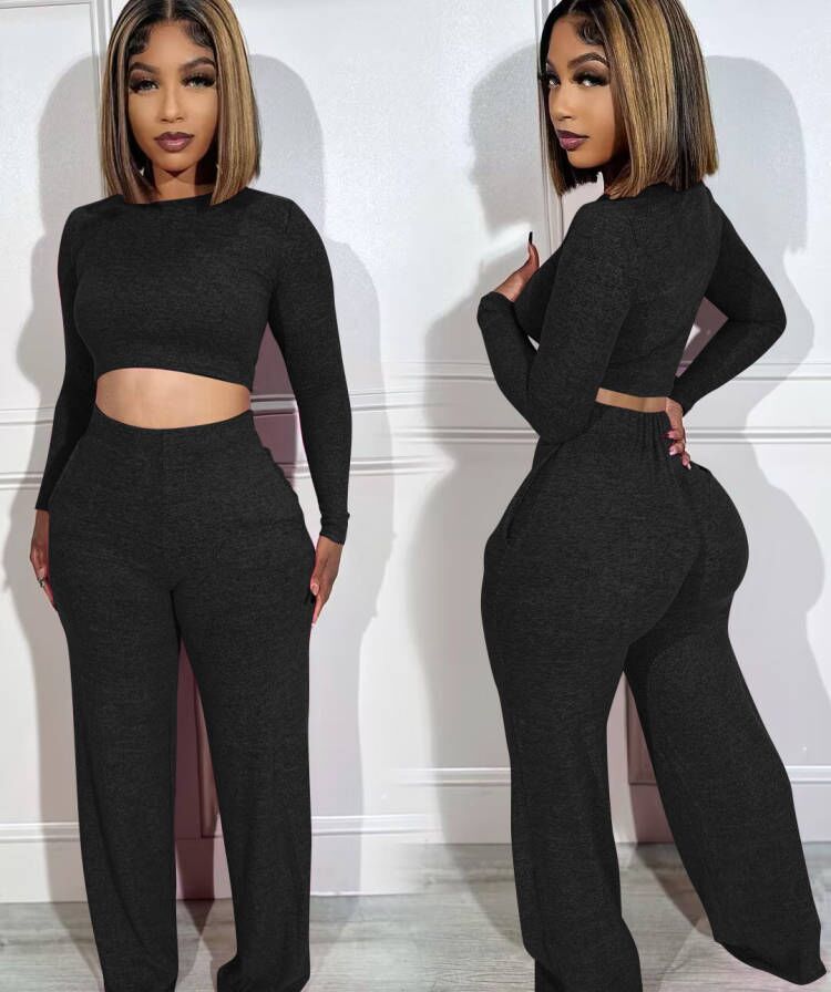 Women's Fashion Long Sleeve Crop Tops And Pants Casual Two Piece Set 4
