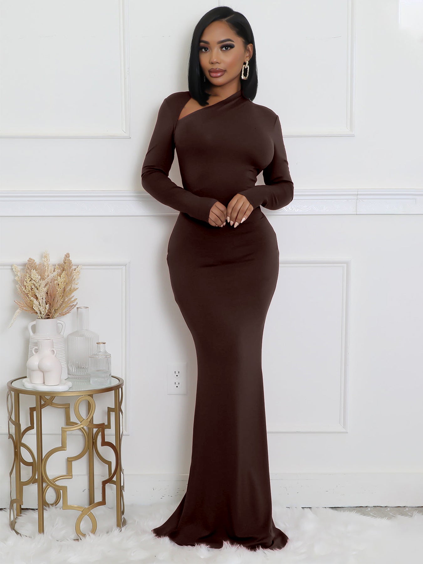 Women Solid Long-Sleeve Slash Shoulder Fishtail Bodycon Dress 13