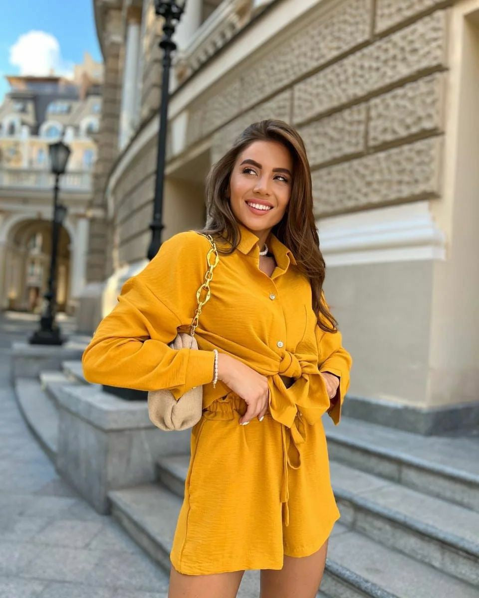 Women Casual Tie-Drawstring Summer Shirt and Shorts Two-Piece Set