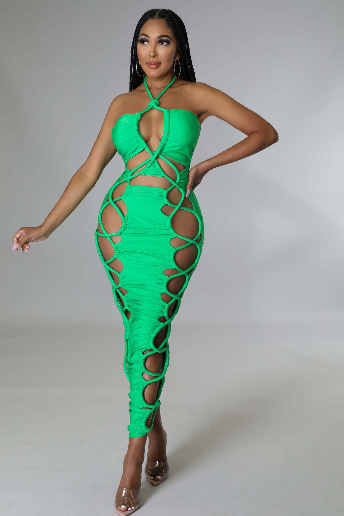 Women's Halter Lace-Up Ruched Long Dress 36