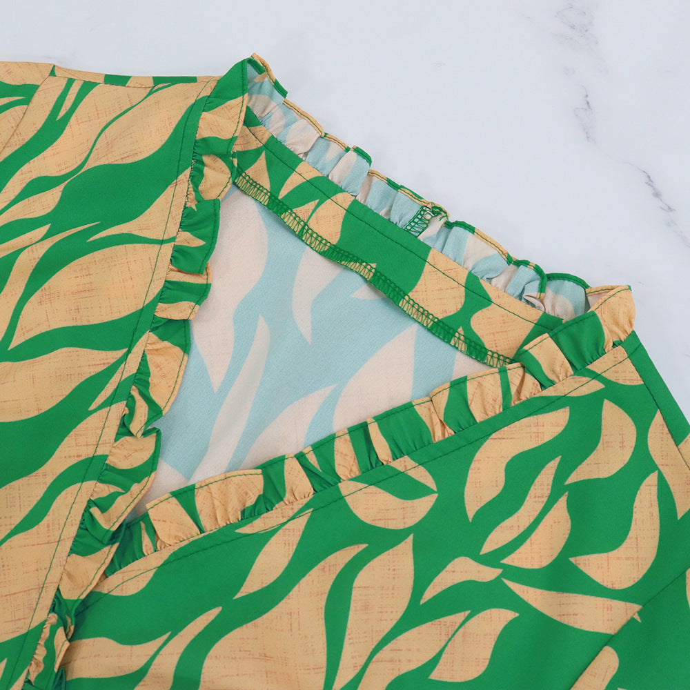 Women Ruffle V Neck Short Sleeve Slim Waist Chic Midi Dress 7