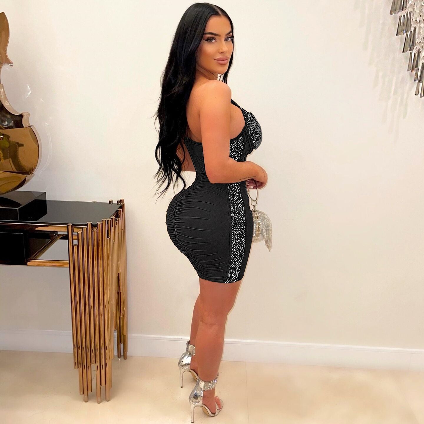 Sexy Slim Beaded Slash Shoulder Bodycon Dress 7