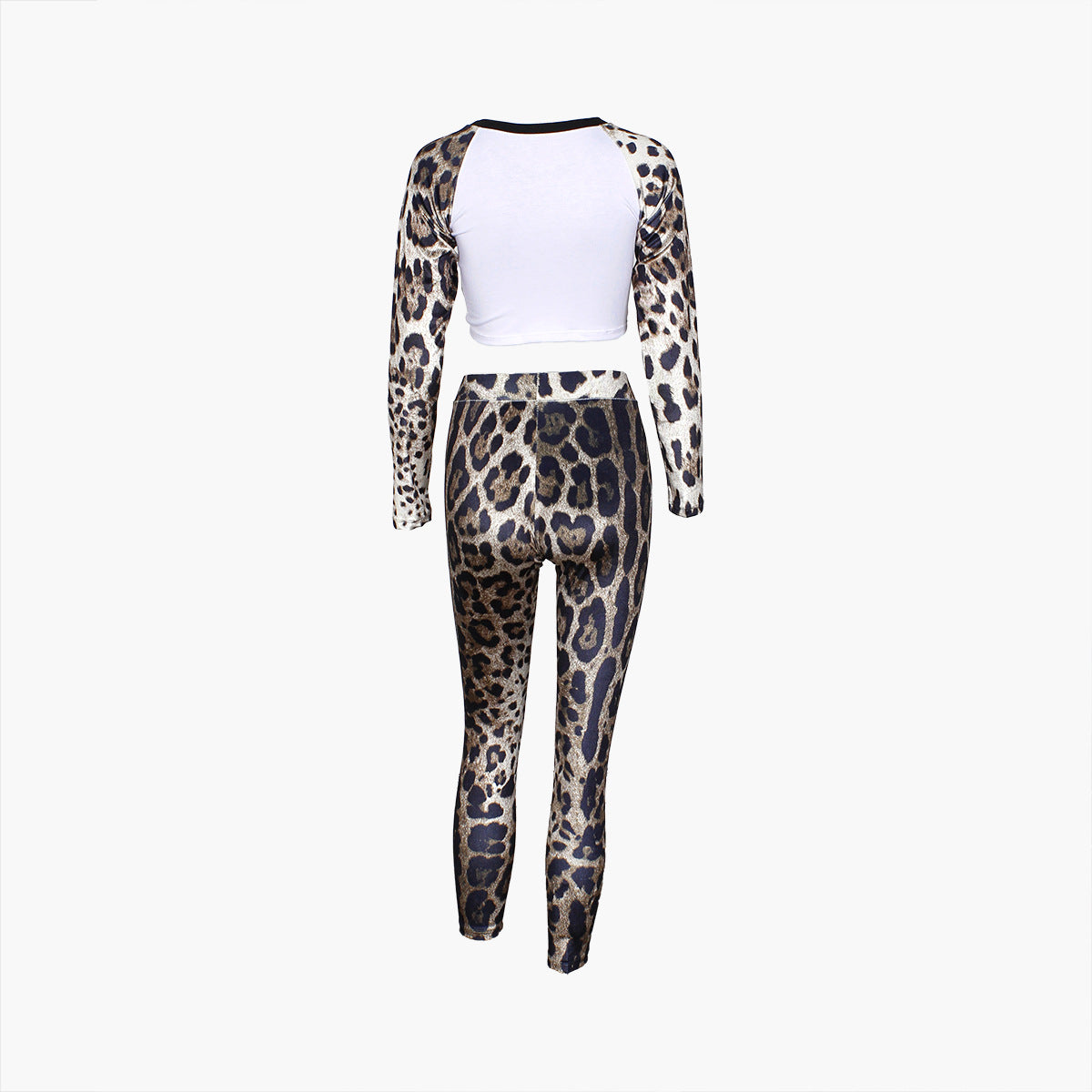 Women leopard Patchwork sexy long sleeve Crop Top and Pants Two Piece Set 8