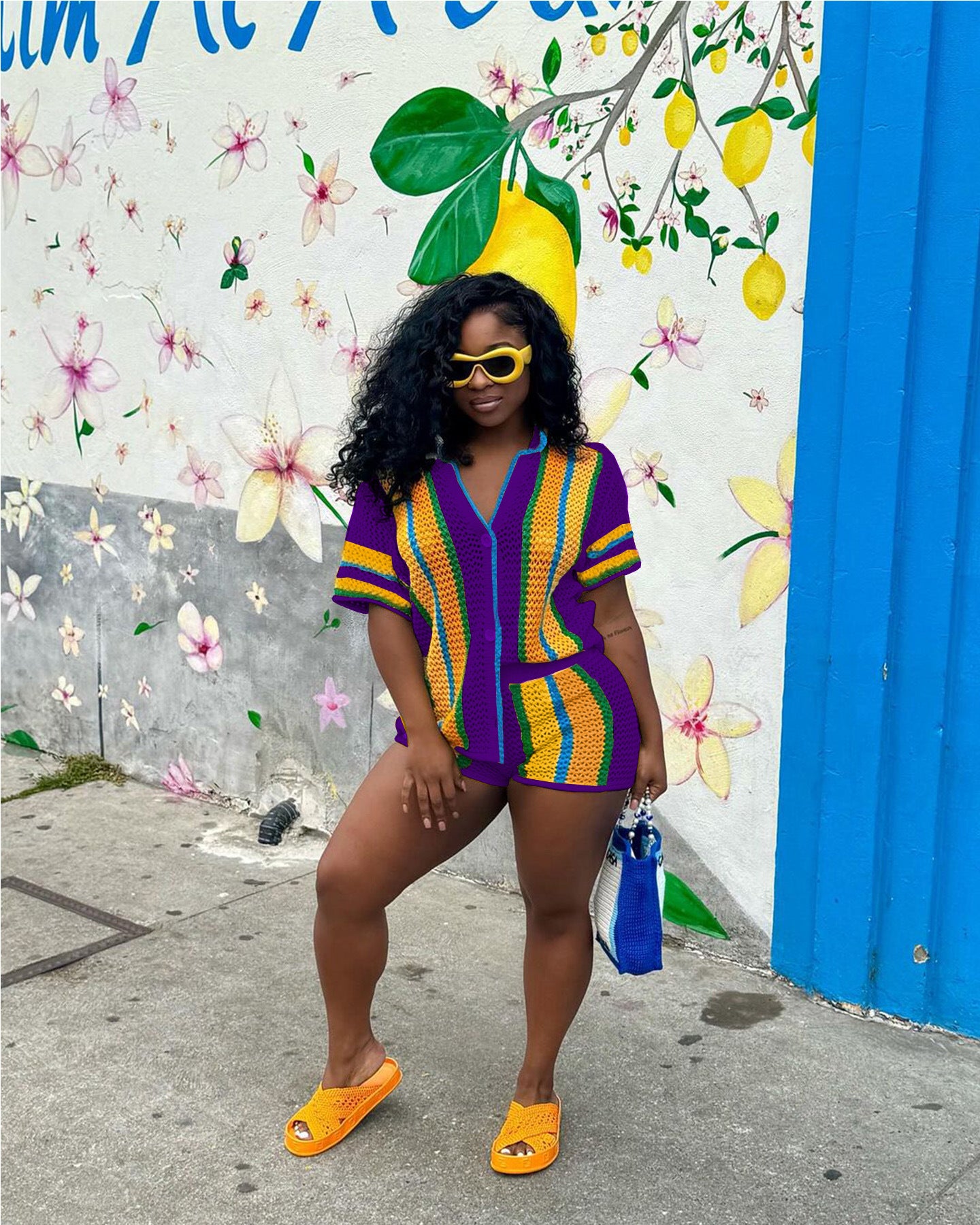 Women's Sexy Hollow See-Through Turndown Collar Knitting Two Piece Shorts Set 11